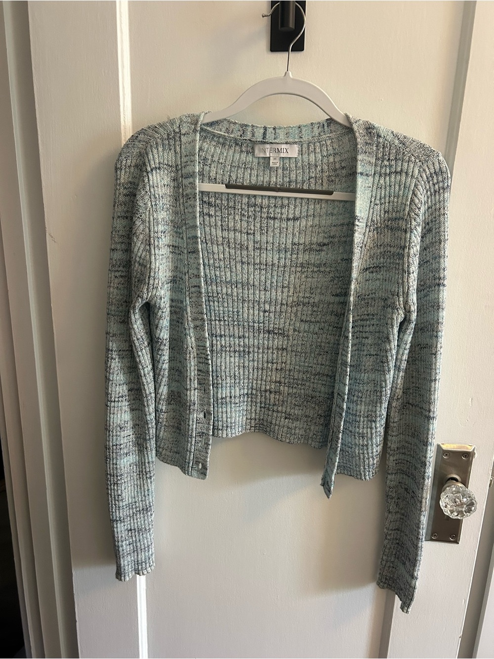 INTERMIX Blue Marled Cropped Open-Front Cardigan